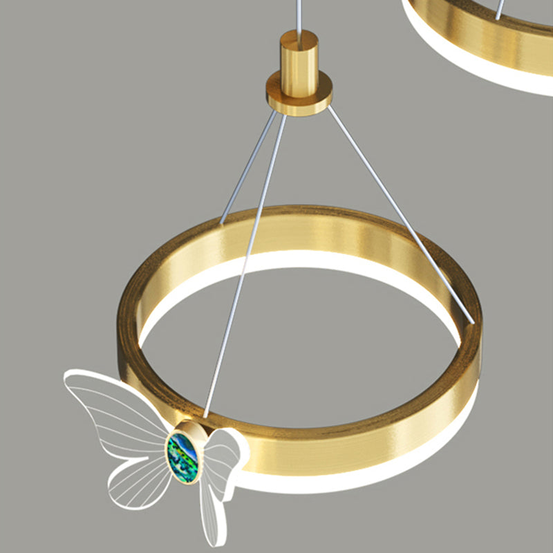 Brass Ring LED Pendant Minimalist Metal Hanging Light with Butterfly Decoration