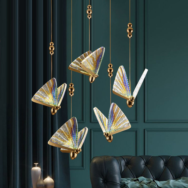 Butterfly Acrylic LED Pendant Lamp Artistic Gold Finish Hanging Lamp for Dining Room