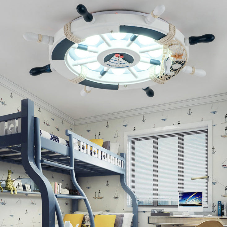 Children's Room Ceiling Light Fixture Creative Boy Bedroom Study Room Cartoon Pirate Ship Rudder Mediterranean Style LED Eye Protection Lighting