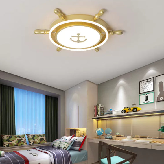 Mediterranean Style Flush Mount Ceiling Light Children's Room Boys and Girls Bedroom Study Kindergarten Cute Cartoon Pirate Ship Rudder LED Lamps