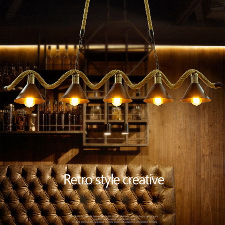 Hemp Rope Island Ceiling Light Vintage Style Restaurant Island Chandelier Light with Cone Metal Shade