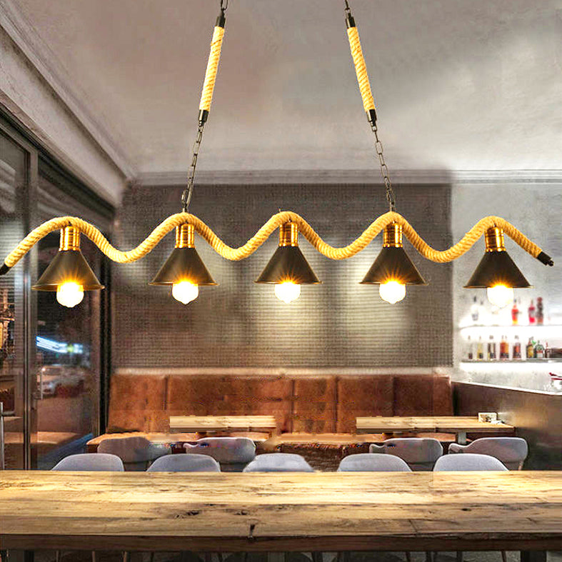 Hemp Rope Island Ceiling Light Vintage Style Restaurant Island Chandelier Light with Cone Metal Shade