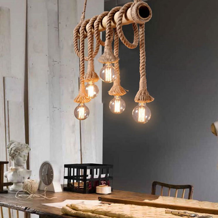 Exposed Bulb Island Chandelier Lights Retro Industrial Style Rope Chandelier Lighting Fixtures for Dining Table