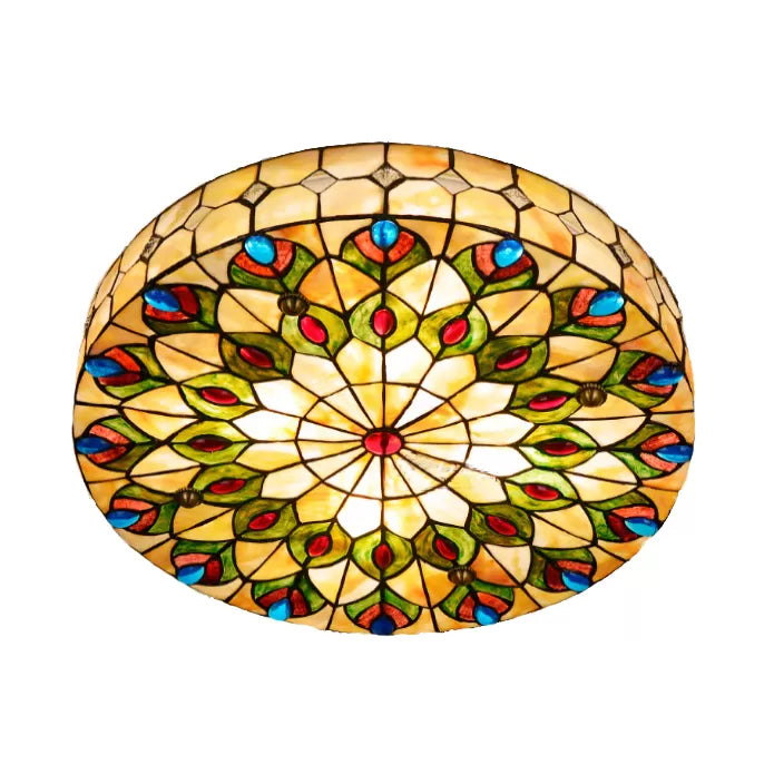 Bedroom Ceiling Lights Tiffany, 4 Lights Drum Flushmount Lighting with Peacock Pattern and Art Glass Shade