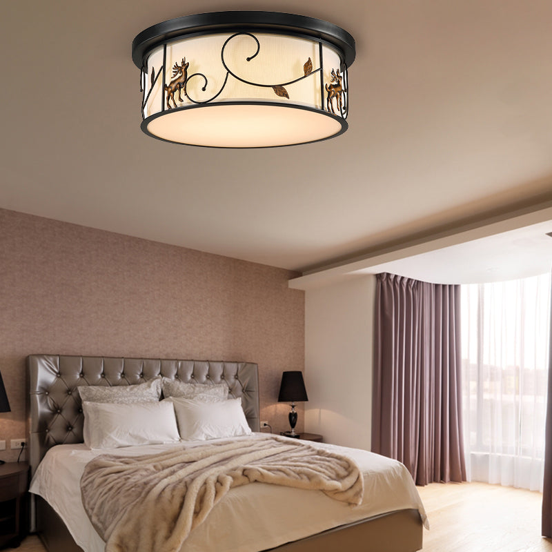 Fijación incorporada de tambor negro, luz de techo LED de la Sala de estar de tejido rural, con pájaro / ciervo Dec