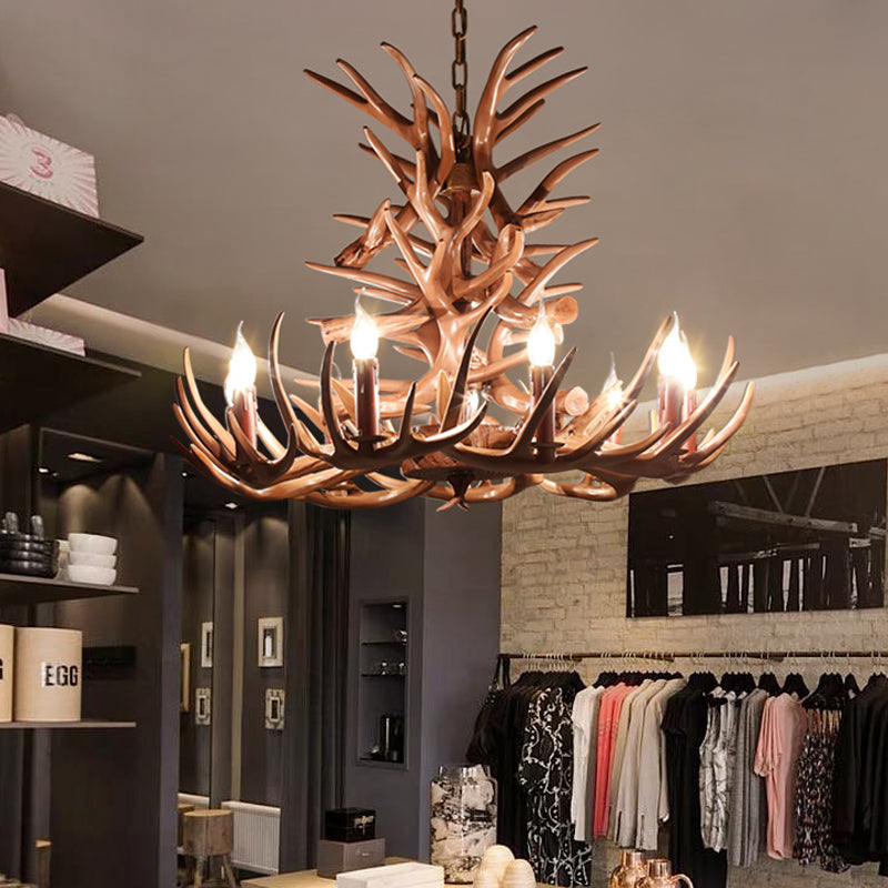 9 Heads Antler Affermazione del lampadario a soffitto in resina marrone Apparecchiatura di illuminazione sospesa per il ristorante, 23 "/27" di larghezza