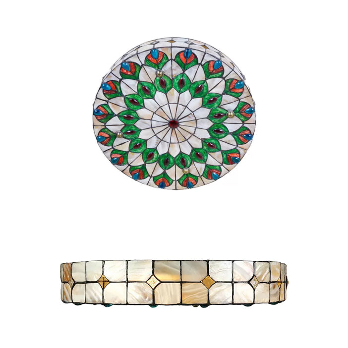 Bedroom Ceiling Lights Tiffany, 4 Lights Drum Flushmount Lighting with Peacock Pattern and Art Glass Shade