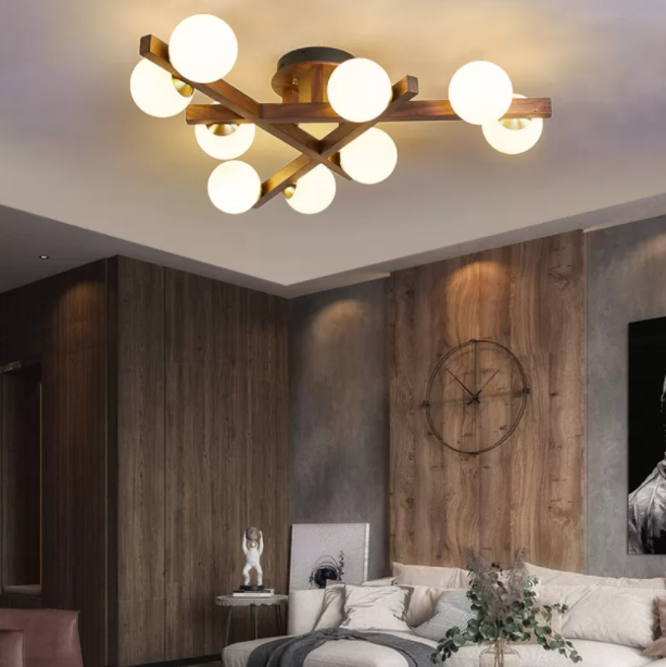Log Color Sputnik LED Semi Flush Mount in Modern Luxury Style Wooden Ceiling Light with Opal Glass Shade