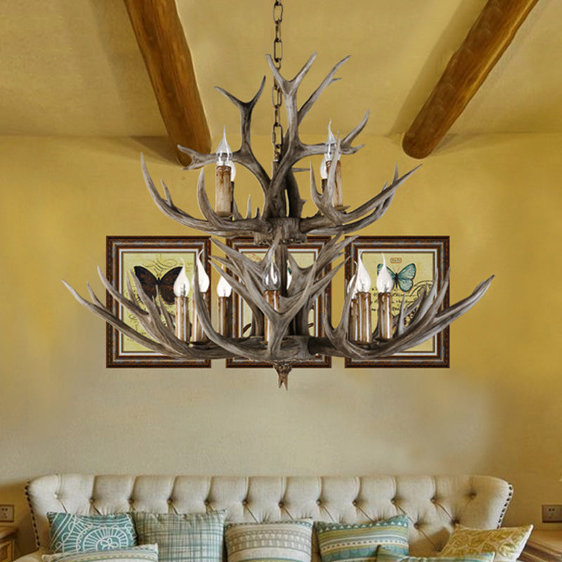 Forme de bougie en résine Sanging Chandelier Farmhouse 12 bulbes Restaurant suspension Pendant Light in Brown