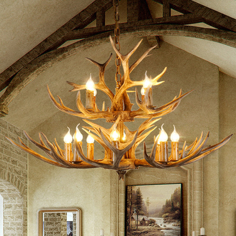 Forme de bougie en résine Sanging Chandelier Farmhouse 12 bulbes Restaurant suspension Pendant Light in Brown