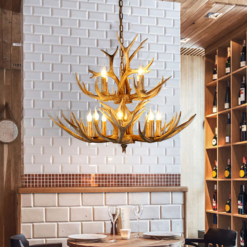 Forme de bougie en résine Sanging Chandelier Farmhouse 12 bulbes Restaurant suspension Pendant Light in Brown