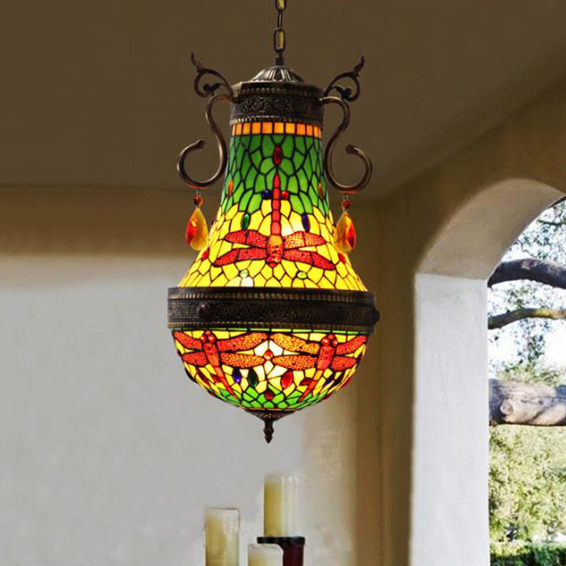 Dragonfly Chandelier 6 Lights Stained Glass Tiffany Pendant Lighting in Red/Yellow/Green for Dining Room