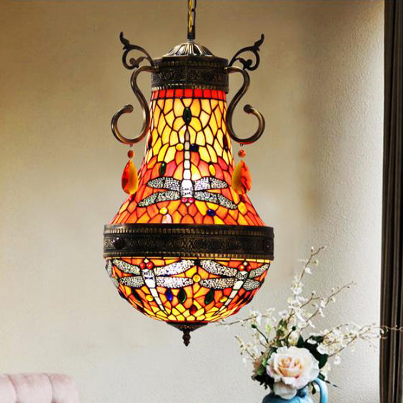 Dragonfly Chandelier 6 Lights Stained Glass Tiffany Pendant Lighting in Red/Yellow/Green for Dining Room