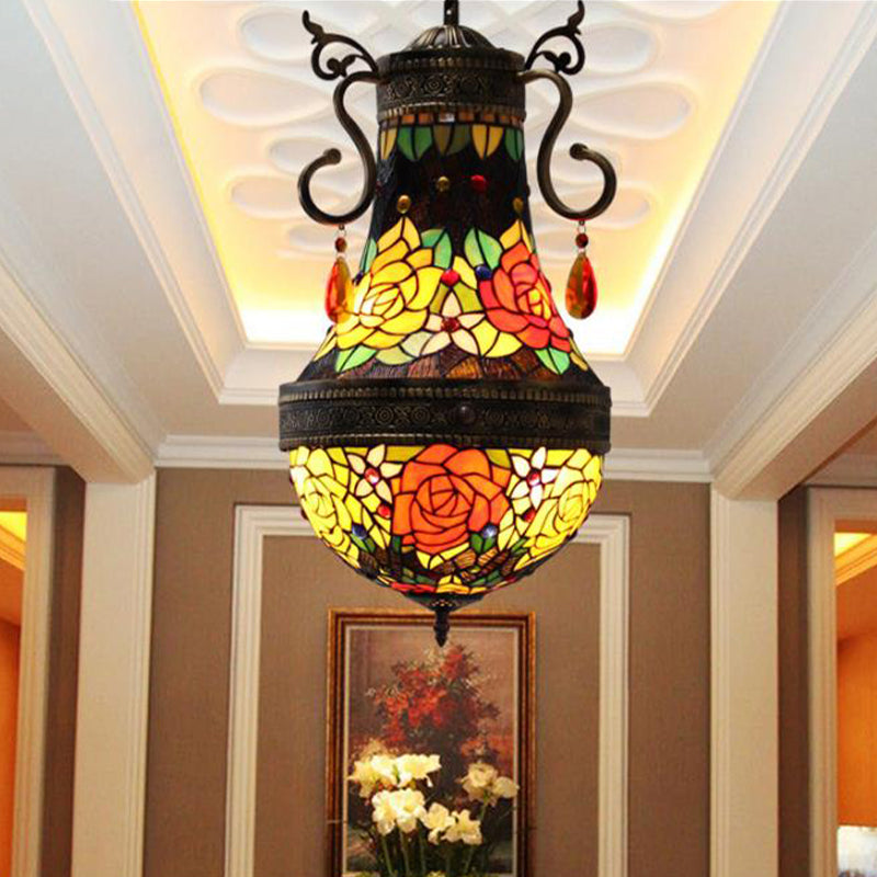 Dragonfly Chandelier 6 Lights Stained Glass Tiffany Pendant Lighting in Red/Yellow/Green for Dining Room