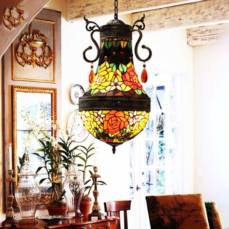 Dragonfly Chandelier 6 Lights Stained Glass Tiffany Pendant Lighting in Red/Yellow/Green for Dining Room