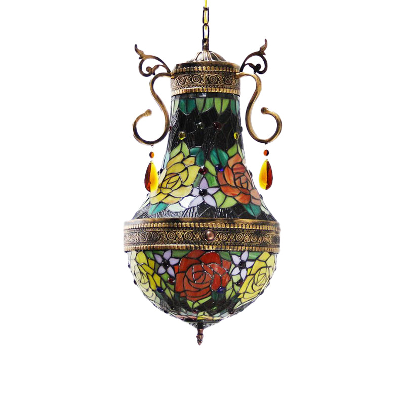 Dragonfly Chandelier 6 Lights Stained Glass Tiffany Pendant Lighting in Red/Yellow/Green for Dining Room