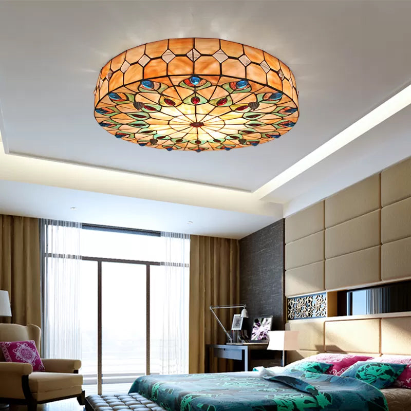 Bedroom Ceiling Lights Tiffany, 4 Lights Drum Flushmount Lighting with Peacock Pattern and Art Glass Shade