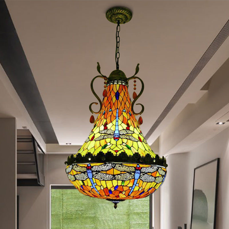 16"/19.5" Wide Dragonfly Chandelier Light Mediterranean Stained Glass 6/8 Lights Antique Brass Pendant Lamp