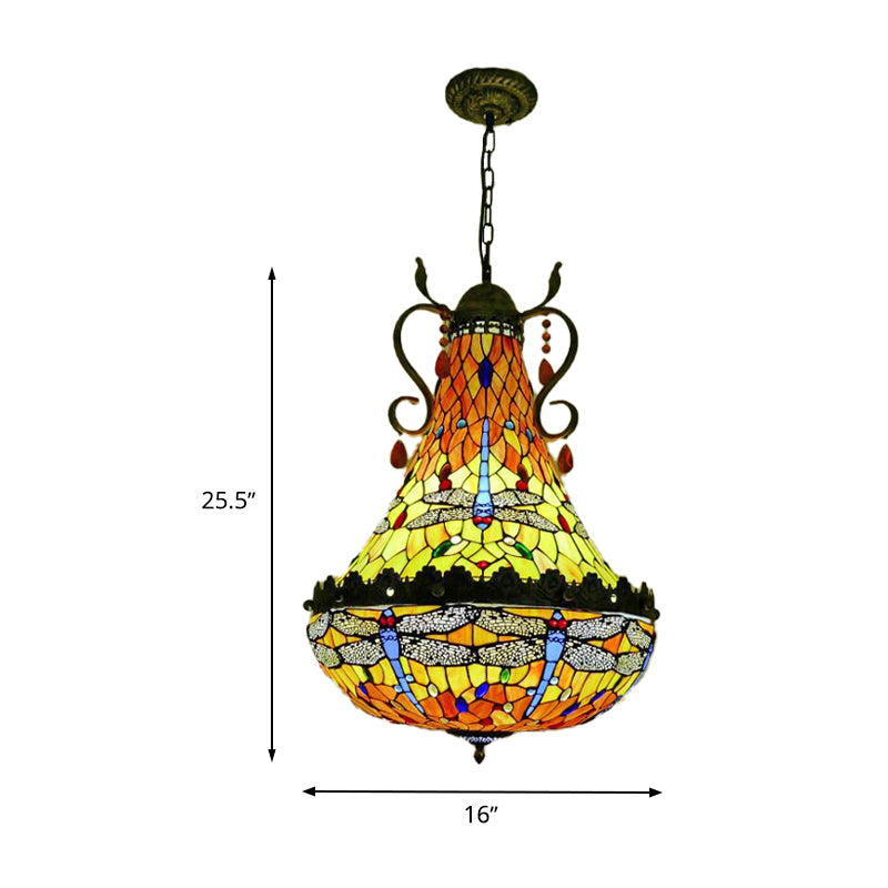 16"/19.5" Wide Dragonfly Chandelier Light Mediterranean Stained Glass 6/8 Lights Antique Brass Pendant Lamp