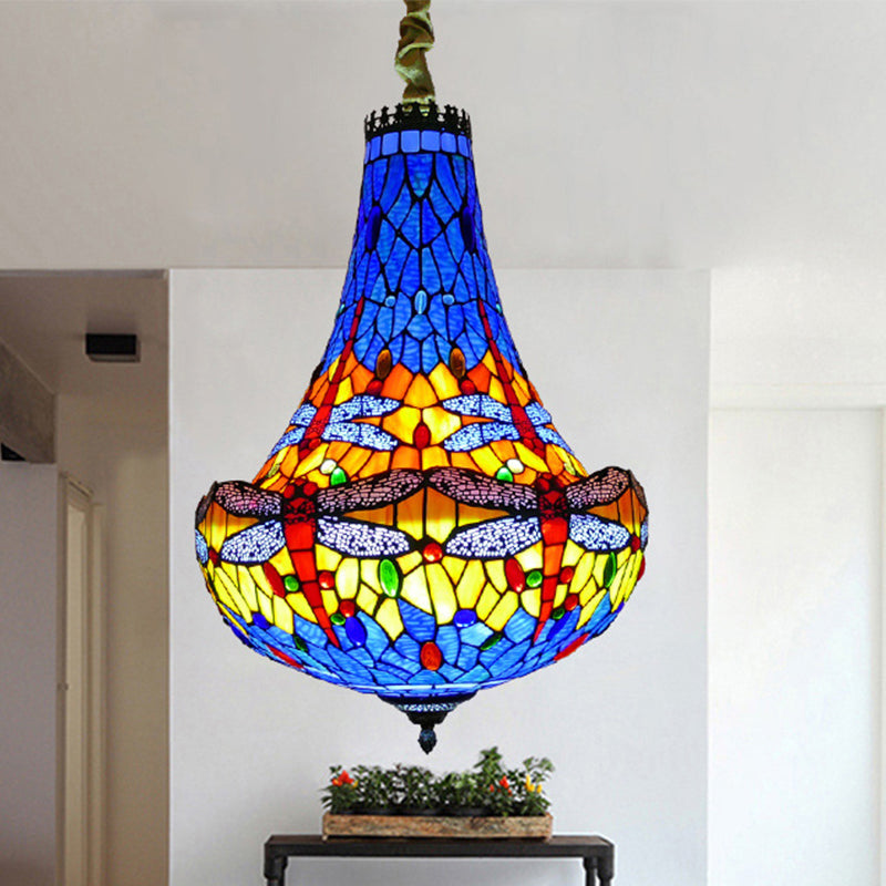 Lampada Dragonfly da 16 "/19.5" Light Light Stated Glass 5 Luci a sospensione blu/verde per sala da pranzo