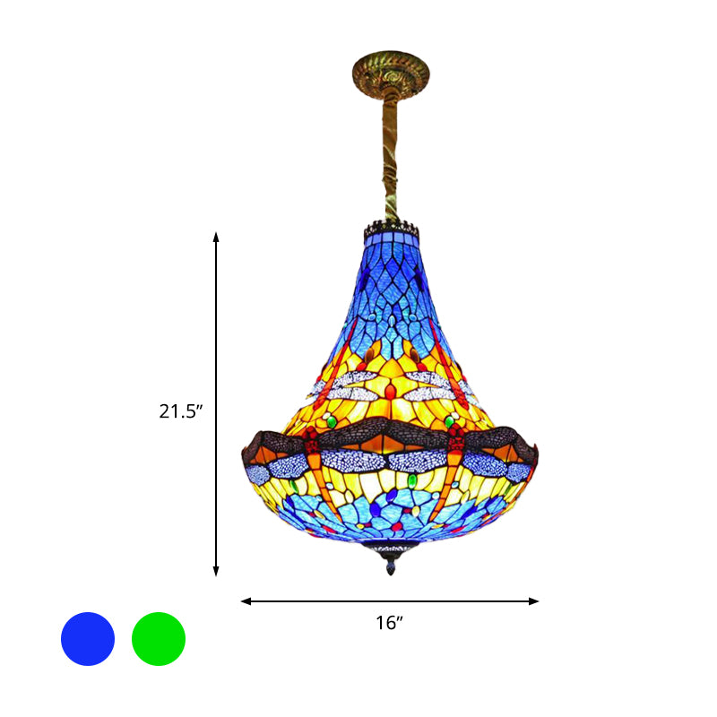 Lampada Dragonfly da 16 "/19.5" Light Light Stated Glass 5 Luci a sospensione blu/verde per sala da pranzo
