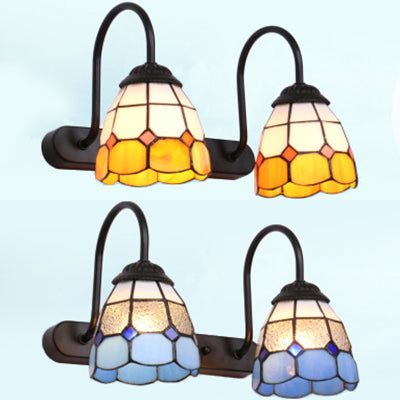 2 Heads Grid Patterned Vanity Lighting Baroque Blue/Yellow Glass Wall Mount Light Fixture