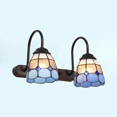 2 Heads Grid Patterned Vanity Lighting Baroque Blue/Yellow Glass Wall Mount Light Fixture