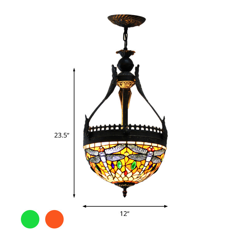 Lampada del lampadario di libellieri in vetro colorato Mediterraneo 3 luci arancione/verde sospeso