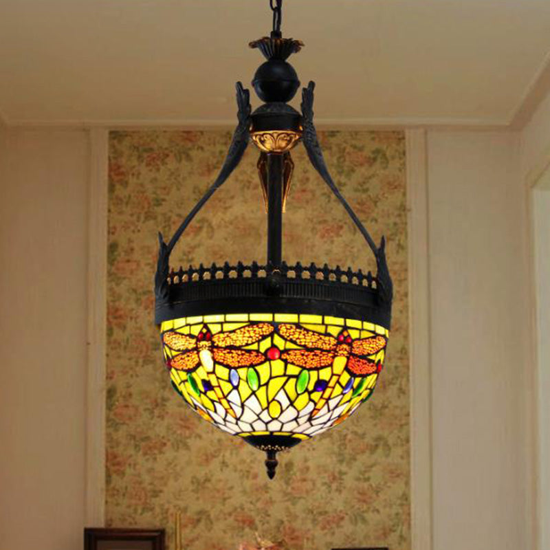 Stained Glass Dragonfly Chandelier Lamp Mediterranean 3 Lights Orange/Green Hanging Pendant
