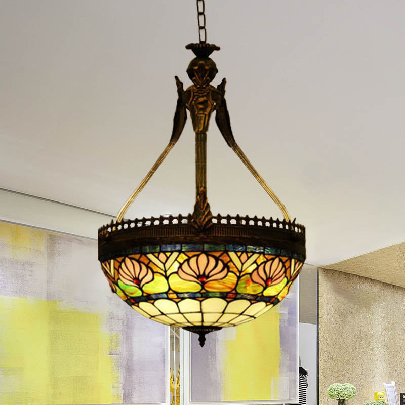 3 lichten Dragonfly kroonluchter verlichtingsarmatuur Tiffany -stijl Geel/oranje/roze en wit gebrandschilderd glas hangende lamp