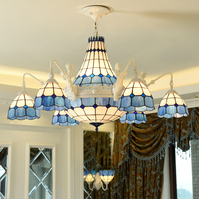 Stained Glass White Hanging Chandelier Grid Patterned 13 Lights Baroque Suspension Pendant