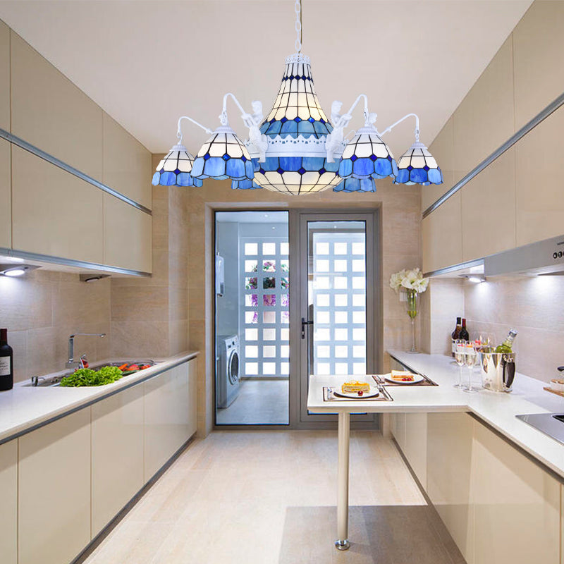 Stained Glass White Hanging Chandelier Grid Patterned 13 Lights Baroque Suspension Pendant