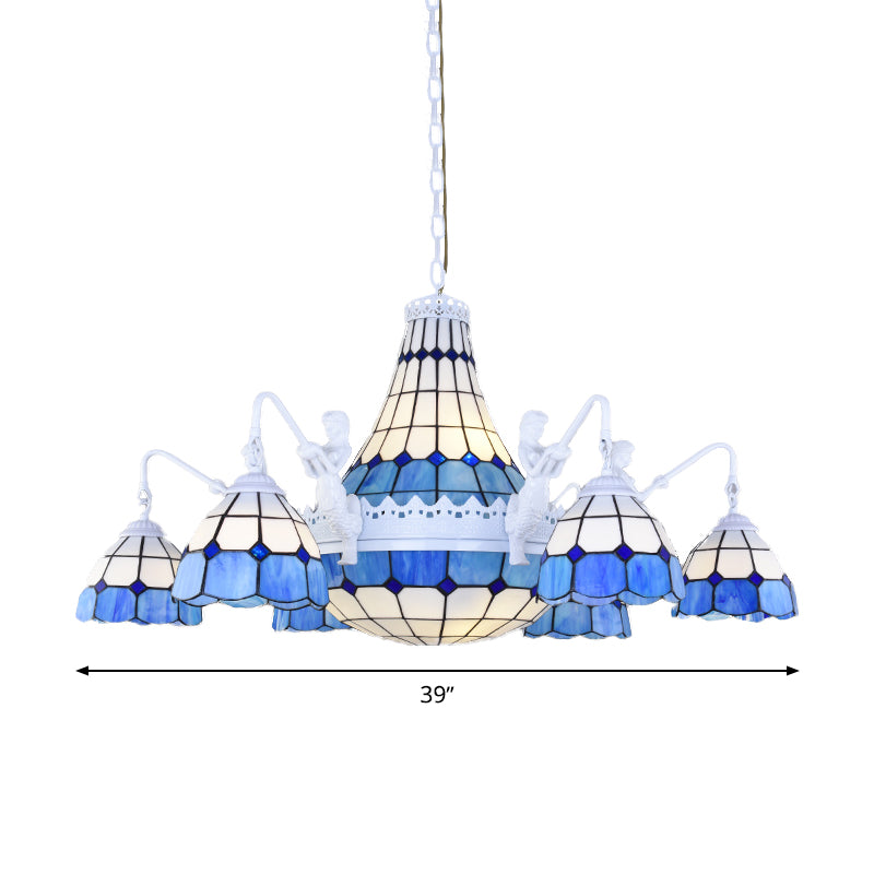 Stained Glass White Hanging Chandelier Grid Patterned 13 Lights Baroque Suspension Pendant