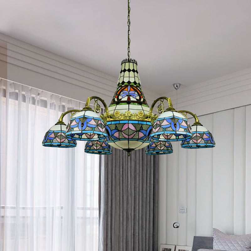 Curved Arm Ceiling Chandelier 11 Lights Stained Glass Mediterranean Hanging Ceiling Light in Pink and Blue/Purplish Blue