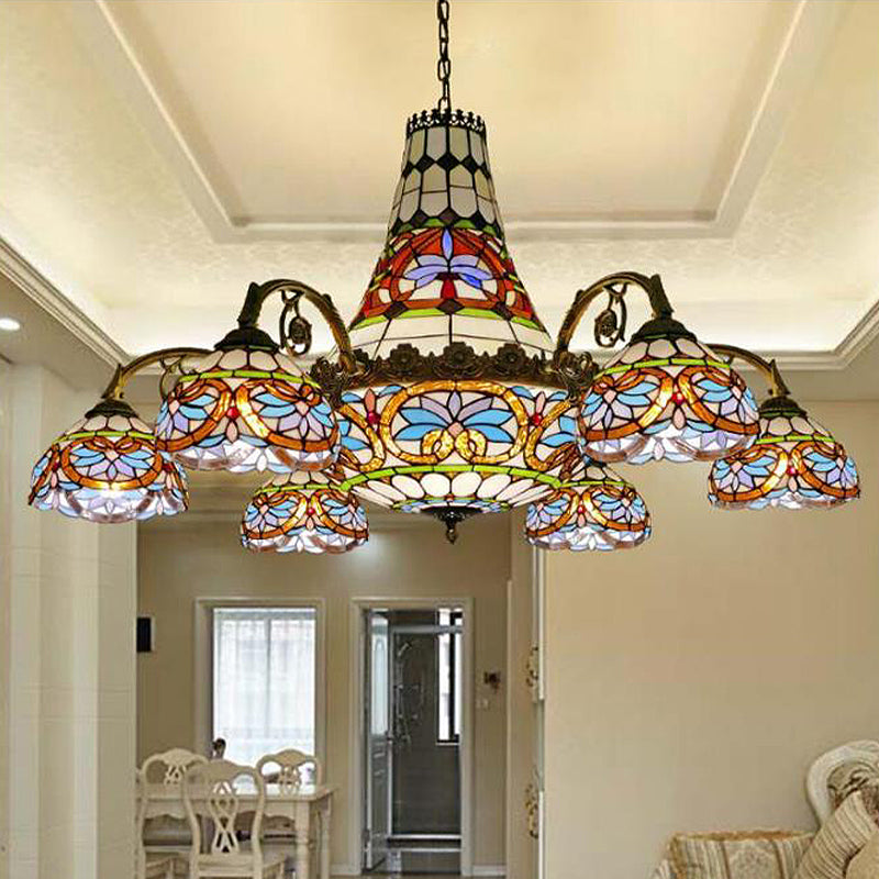 Curved Arm Ceiling Chandelier 11 Lights Stained Glass Mediterranean Hanging Ceiling Light in Pink and Blue/Purplish Blue