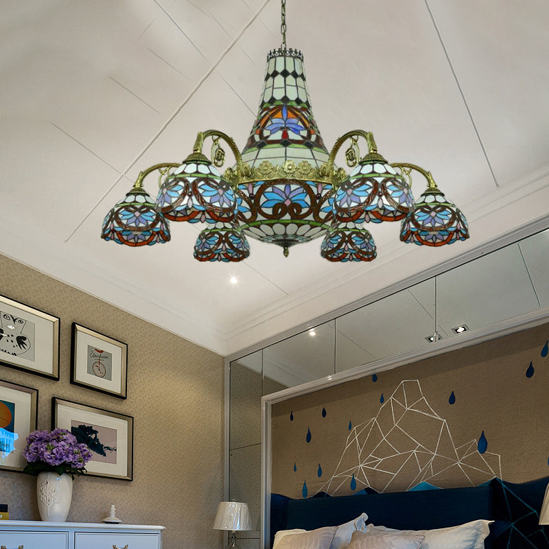 Lampadario del soffitto del braccio curvo 11 luci colorate vetrate mediterranea appesa al soffitto in rosa e blu/violaceo blu