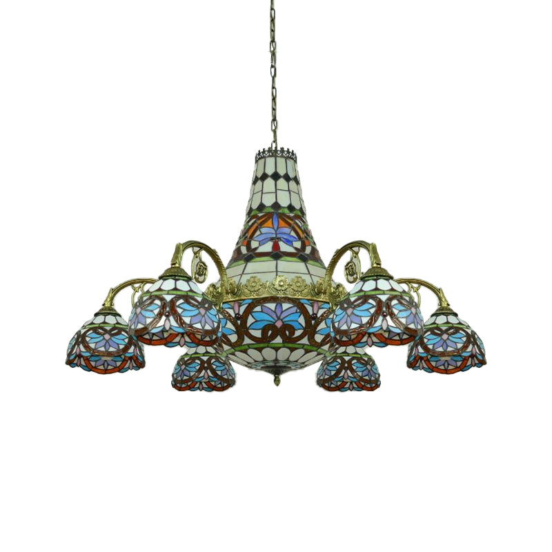 Curved Arm Ceiling Chandelier 11 Lights Stained Glass Mediterranean Hanging Ceiling Light in Pink and Blue/Purplish Blue