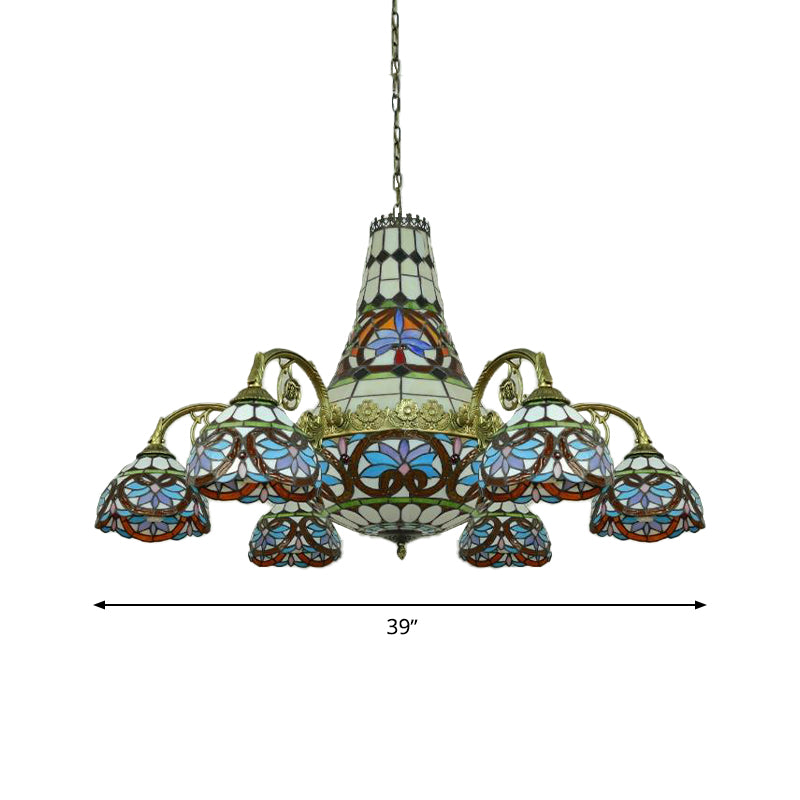 Curved Arm Ceiling Chandelier 11 Lights Stained Glass Mediterranean Hanging Ceiling Light in Pink and Blue/Purplish Blue