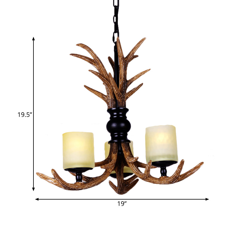 3 bulbes Résine Chandelier Éclairage traditionnel Brown Deer Antler salon suspendu avec une teinte cylindrique en verre givré blanc