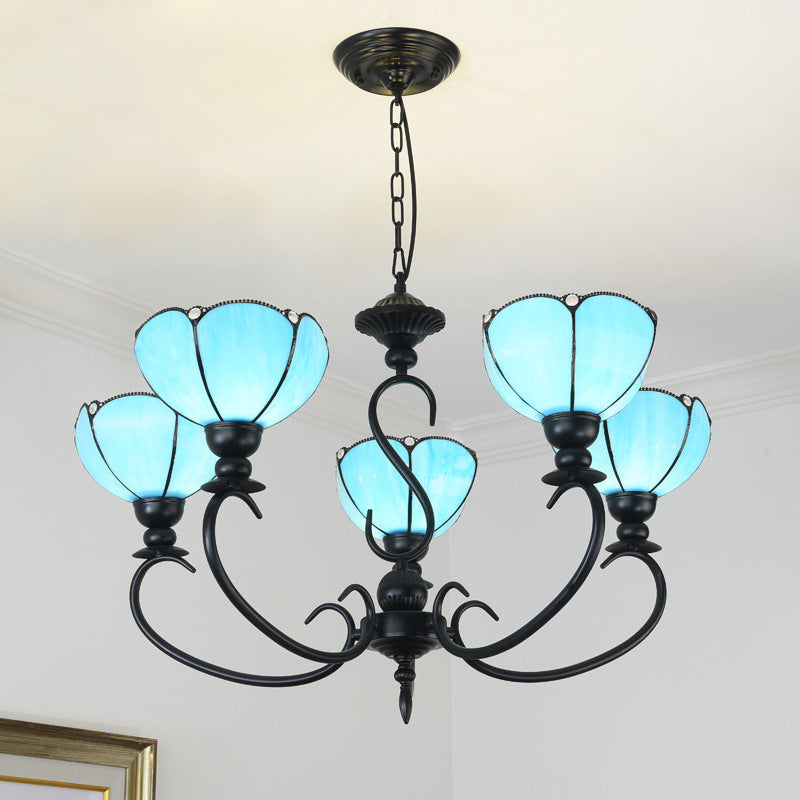 Scalloped Chandelier 3/5/6/8 Lights Blue/Blue and Clear Glass Baroque Pendant Lamp for Dining Room