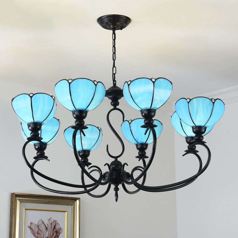 Scalloped Chandelier 3/5/6/8 Lights Blue/Blue and Clear Glass Baroque Pendant Lamp for Dining Room