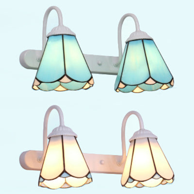 2 Heads Vanity Lighting Fixture Tiffany Cone White/Blue Glass Wall Mounted Light for Bedroom