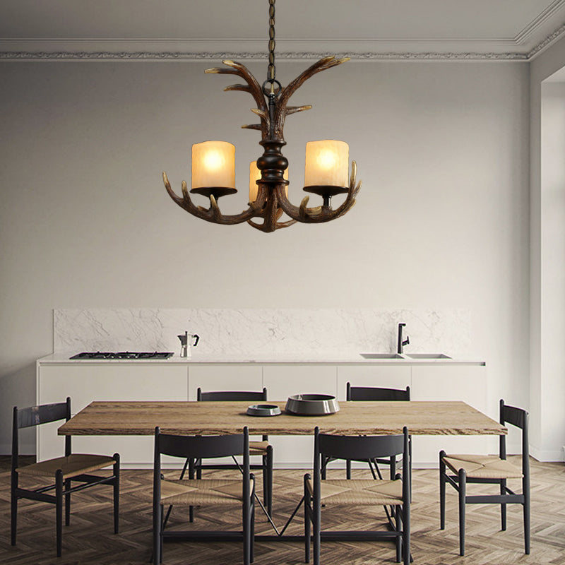 Brun 3/5 Bulbes Plafond lustre Rustique blanc givré verre cylindrique suspension pendante avec décoration de résine de bois de bois