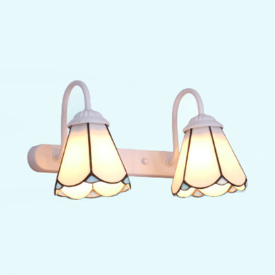 2 Heads Vanity Lighting Fixture Tiffany Cone White/Blue Glass Wall Mounted Light for Bedroom