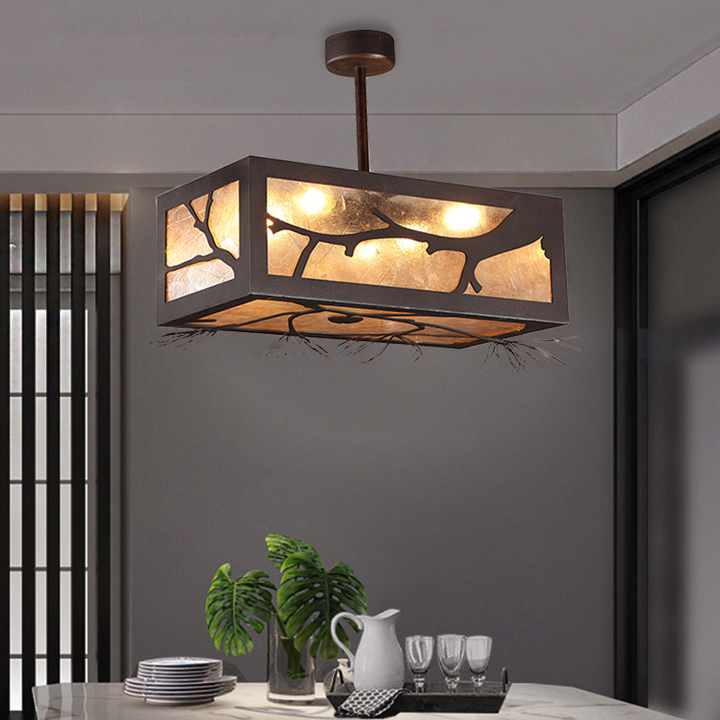 6 cabezas Semi Flush Mount Cottage Rectangle Metal cerca de la luz del techo en óxido con tono de lámina de mica