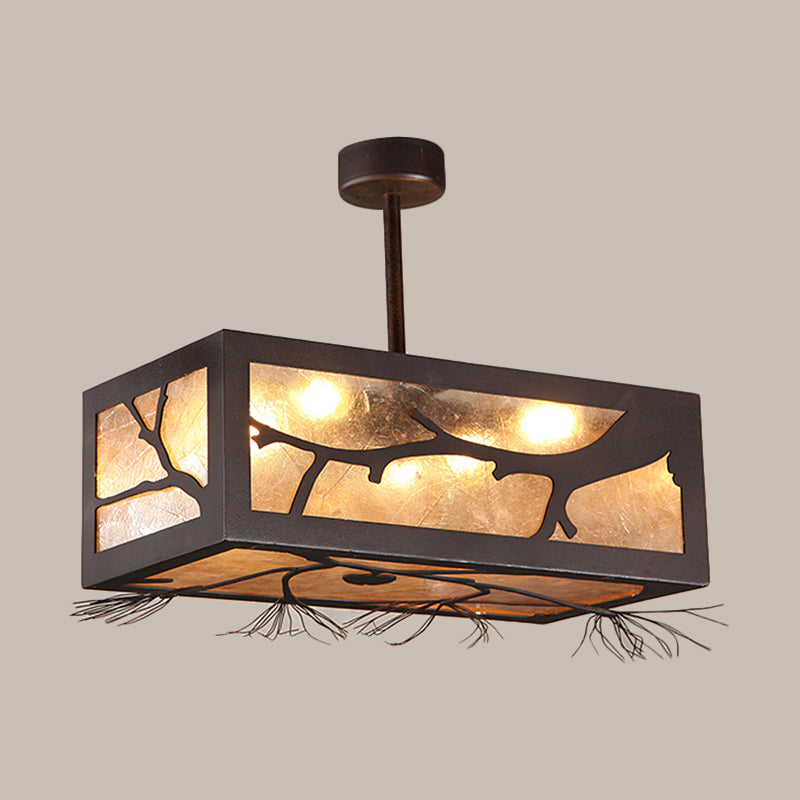 6 têtes Semi Flush Mount Cottage Rectangle Métal près du plafond de la rouille avec une teinte en feuille de mica