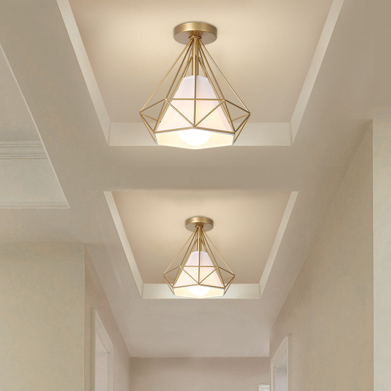 Diamond Cage Semi Flush Mount Light Fixture Industrial Iron Ceiling Mounted Fixture for Corridor