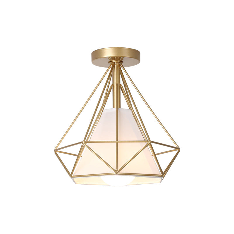 Diamond Cage Semi Flush Mount Light Fixture Industrial Iron Ceiling Mounted Fixture for Corridor