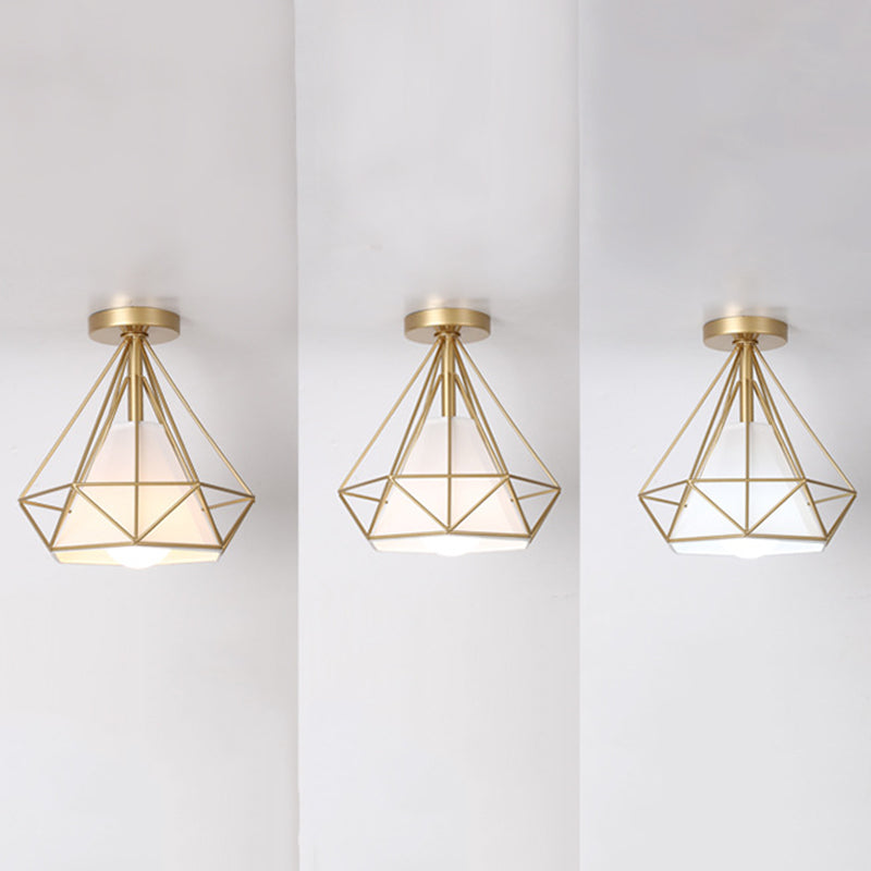 Diamond Cage Semi Flush Mount Light Fixture Industrial Iron Ceiling Mounted Fixture for Corridor