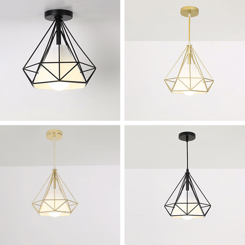 Diamond Cage Semi Flush Mount Light Fixture Industrial Iron Ceiling Mounted Fixture for Corridor